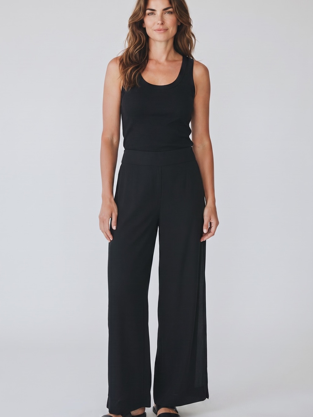 Women's Black Wide-Leg Pull-On Pants with sheer overlay